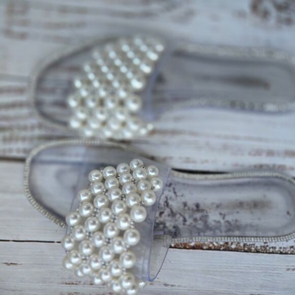 Shoes - Pearl Slide Sandals Clear Jelly Flats – Chic Summer Slip On Shoes Size 9